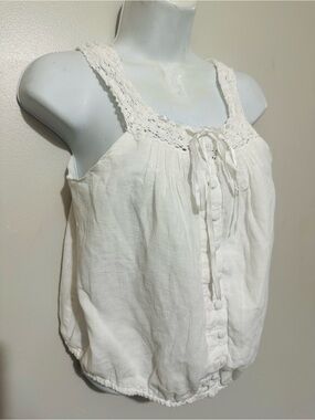 Lotus & Lavender White Crochet Trim Tank Top Size L Boho Button‑Front Style